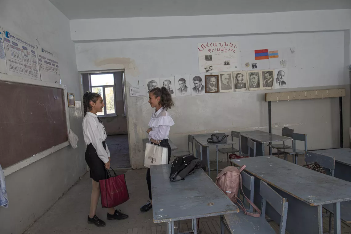 Seventh grade students after a History class in their school in Gegharqunik region, Armenia