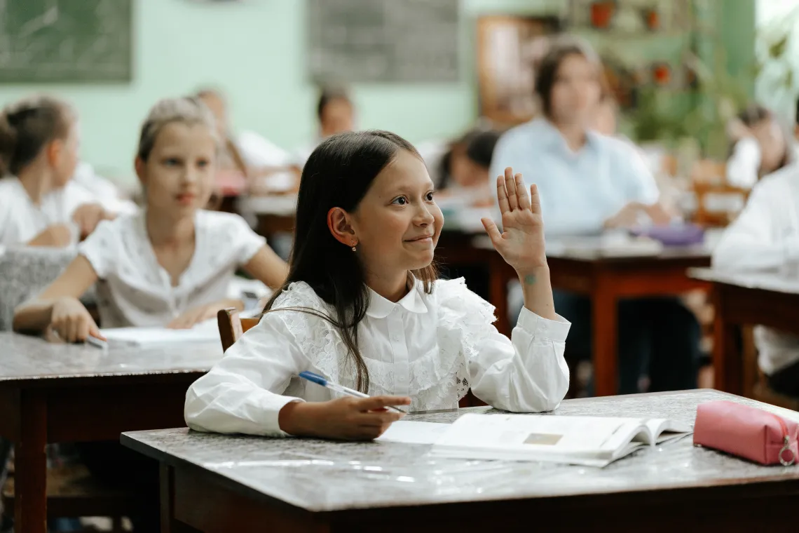 Ten-year-old Darya from Ukraine participates actively during a lesson.
