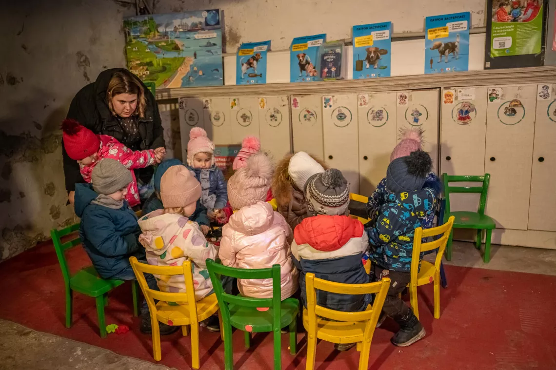 When the air raid alarm sounds, children goes into the former vegetable storage, now - a shelter of the kindergarten