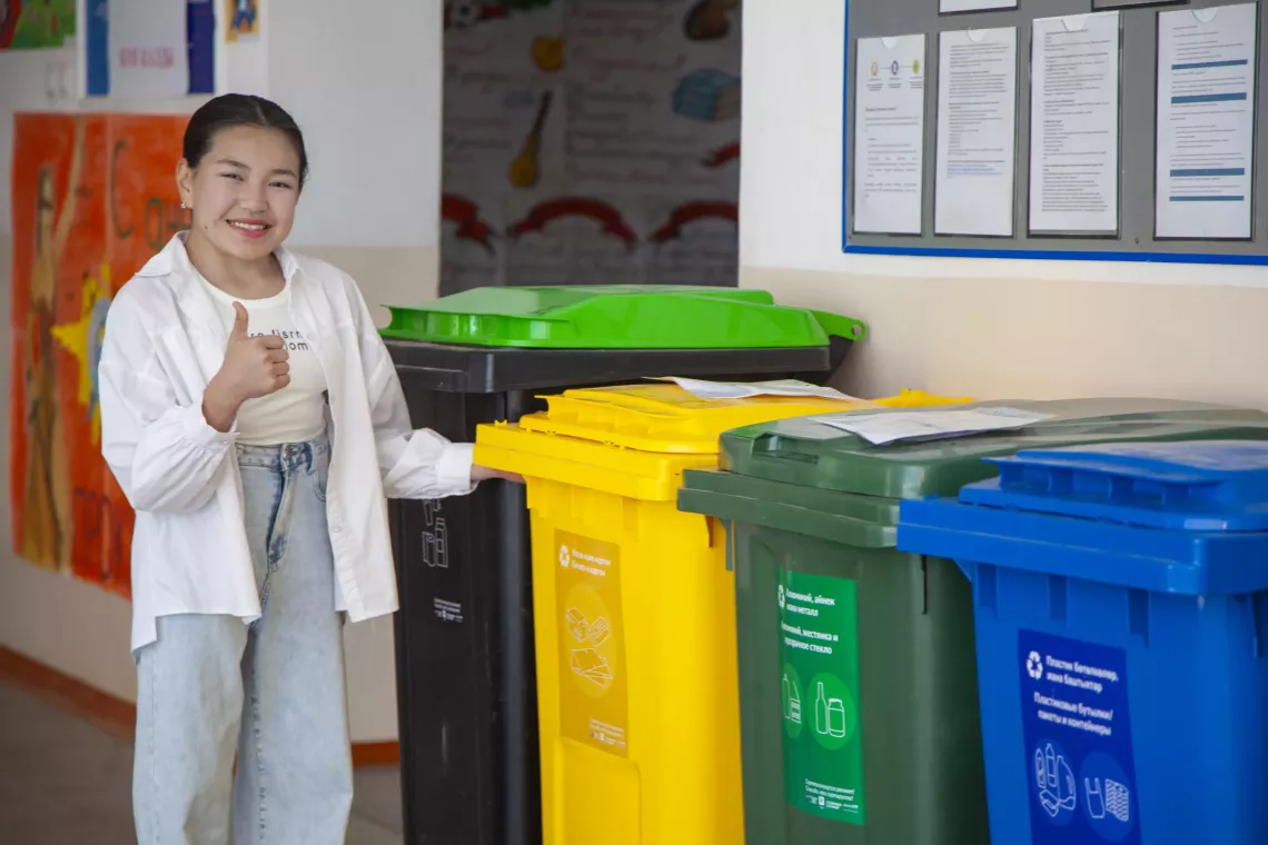 Fourteen-year-old Dilnaz with cerebral palsy is one of the 10,000 students supported by the STEM4girls project in Kyrgyzstan, which was designed to empower girls to excel in STEM. Dilnaz is applying her STEM knowledge to finding a recycling solution for materials, giving them a second life.