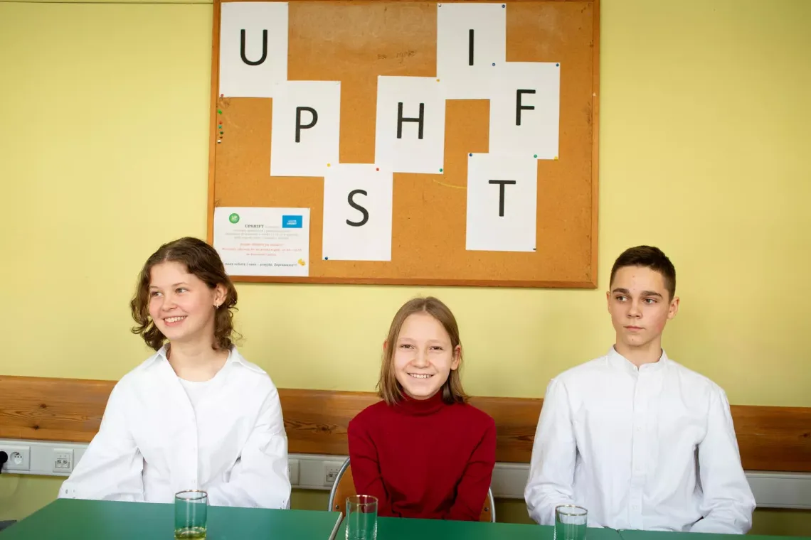 Ivan, Kseniia, Yan, participants of UPSHIFT programme at the primary school 258 at Brechta 8 streets in Warsaw.
