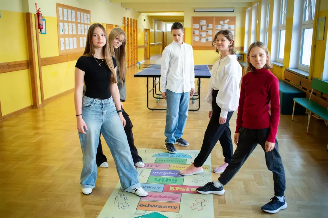 Julia, Zofia, Ivan, Kseniia and Yan, participants of the UNICEF UPSHIFT programme at their primary school 258 in Warsaw.