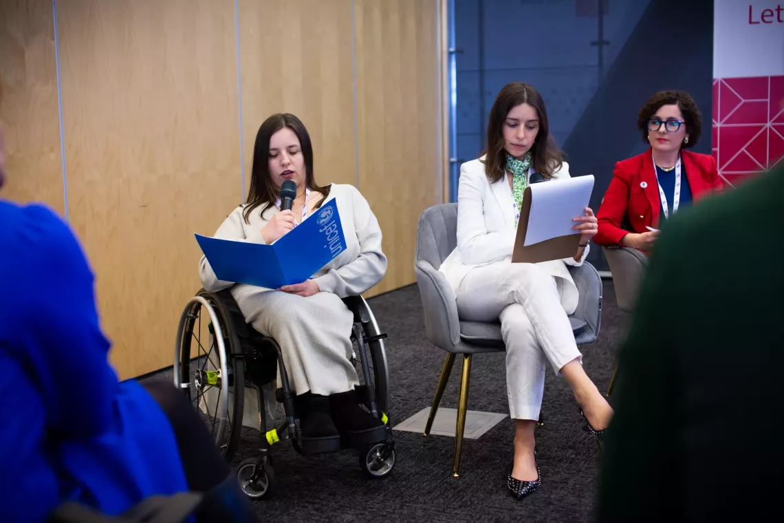 Zoriana is shown speaking at the event "Let's Make Inclusion Happen! Inclusive Education for a Fair, Resilient, and Competitive EU&rdquo; in March 2025. 