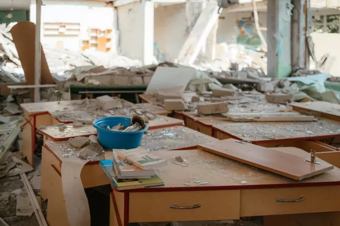 A destroyed kindergarten classroom in Ukraine.