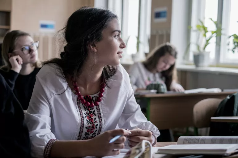 Liza Naumenko, 15, attends a maths class at secondary school number 5, in Krasnohorivka, Donetsk Oblast, Ukraine, Tuesday 21 November 2017. 