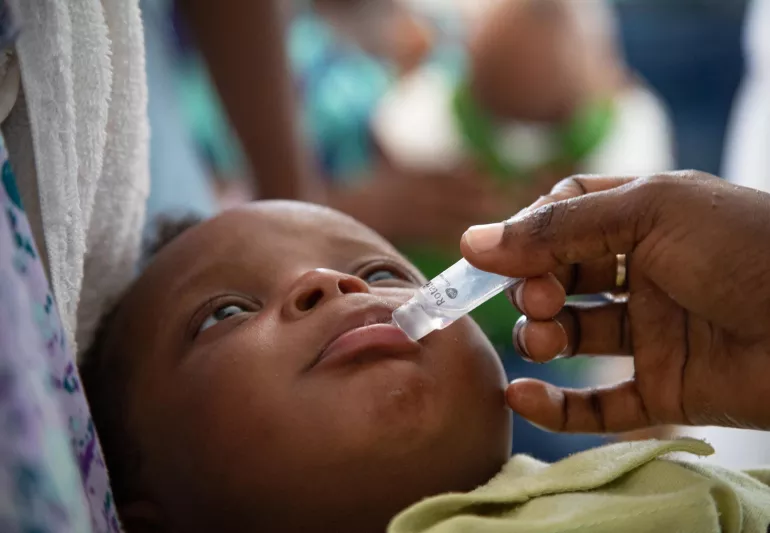A baby is inoculated against rotavirus in a clinic in Hopital Immacul&eacute;e Conception, the largest hospital in Les Cayes, Departement du Sud, Haiti.
