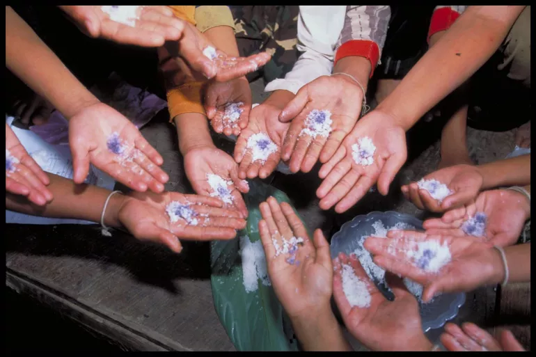 Children's hand holding household salt that is being tested for iodine by a UNICEF iodine deficiency specialist in Lao People's Democratic Republic.