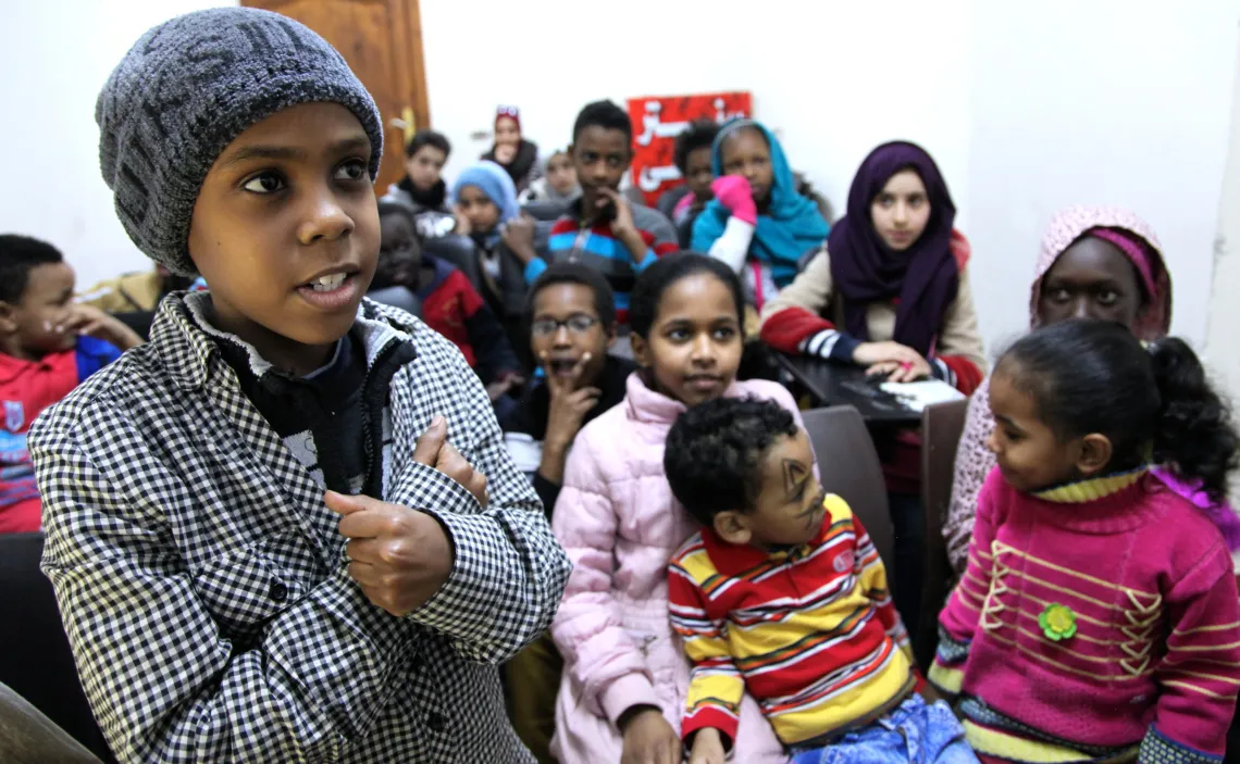 Children from Sudan and Libya learn how to protect themselves from sexual abuse. Sudanese Community School, Miami, Alexandria. February 2017