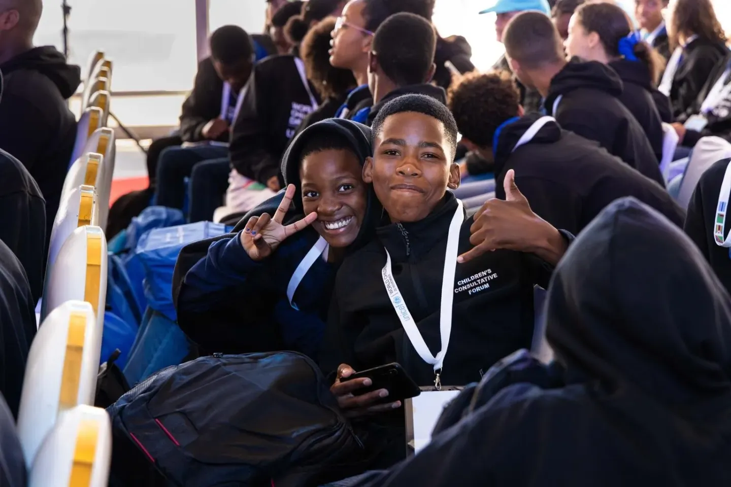 Children pose for a photo during celebrations to mark World Children&rsquo;s Day at a summit in Walvis Bay, Namibia