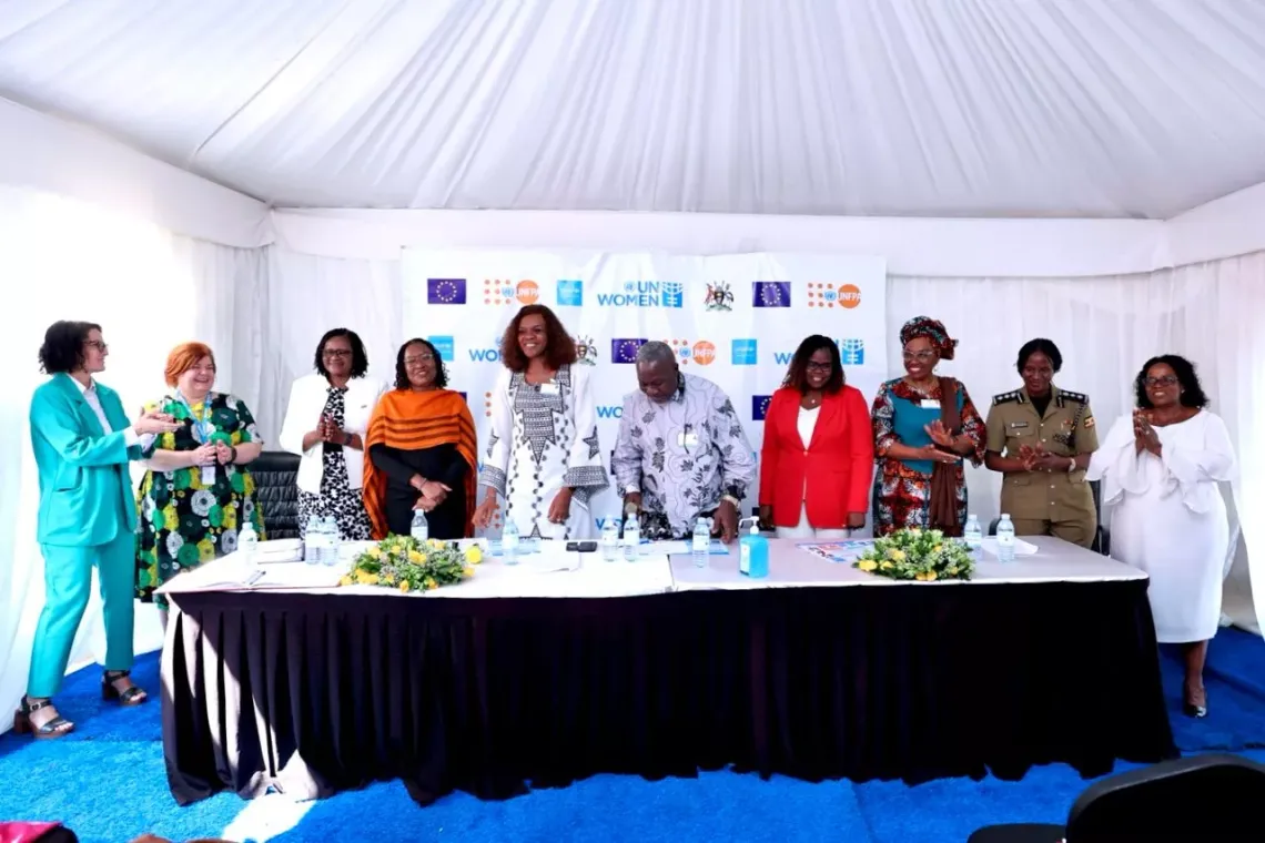 Government of Uganda, UN, European UNION and police officials at the Sauti 116 site visit in Kireka, Kampala on 8 April 2025