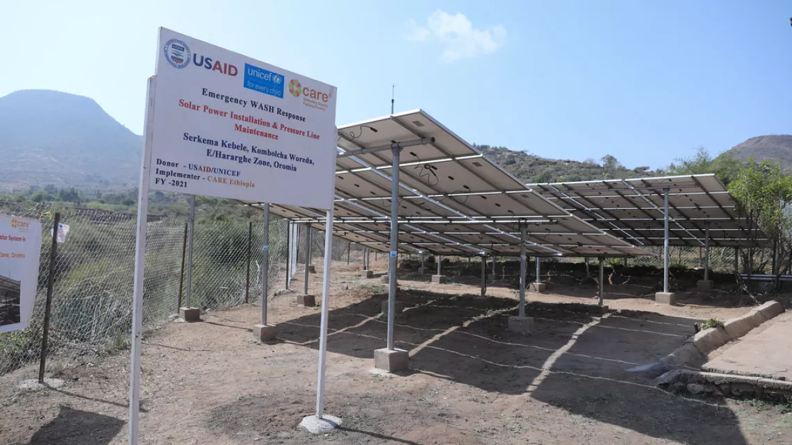 UNICEF, through its partner CARE, installed a solar power system that pumps the much-needed water uphill. 