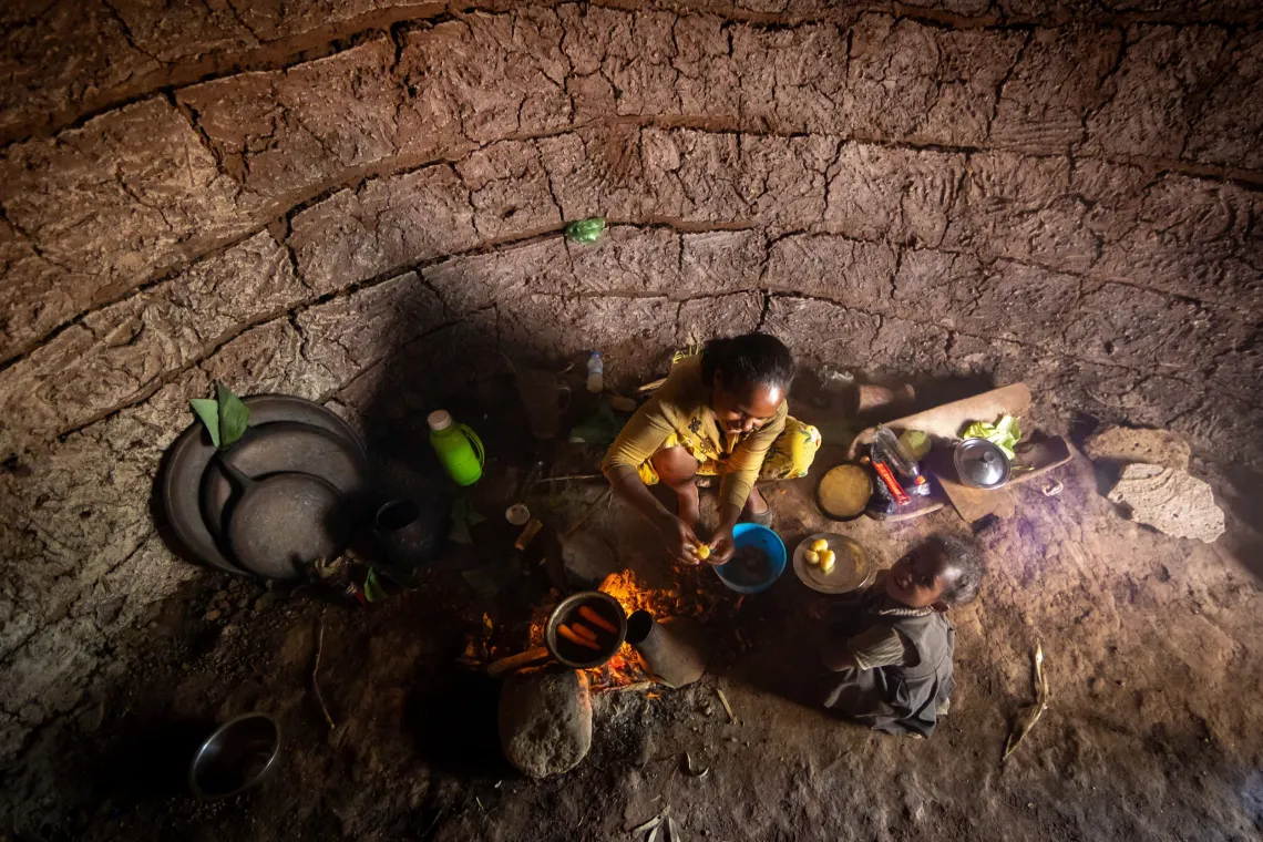 A mother cooking inside a kitchen. 