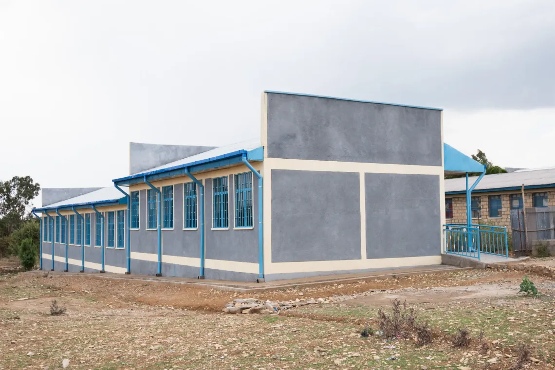 A wide shot of a classroom block from a side