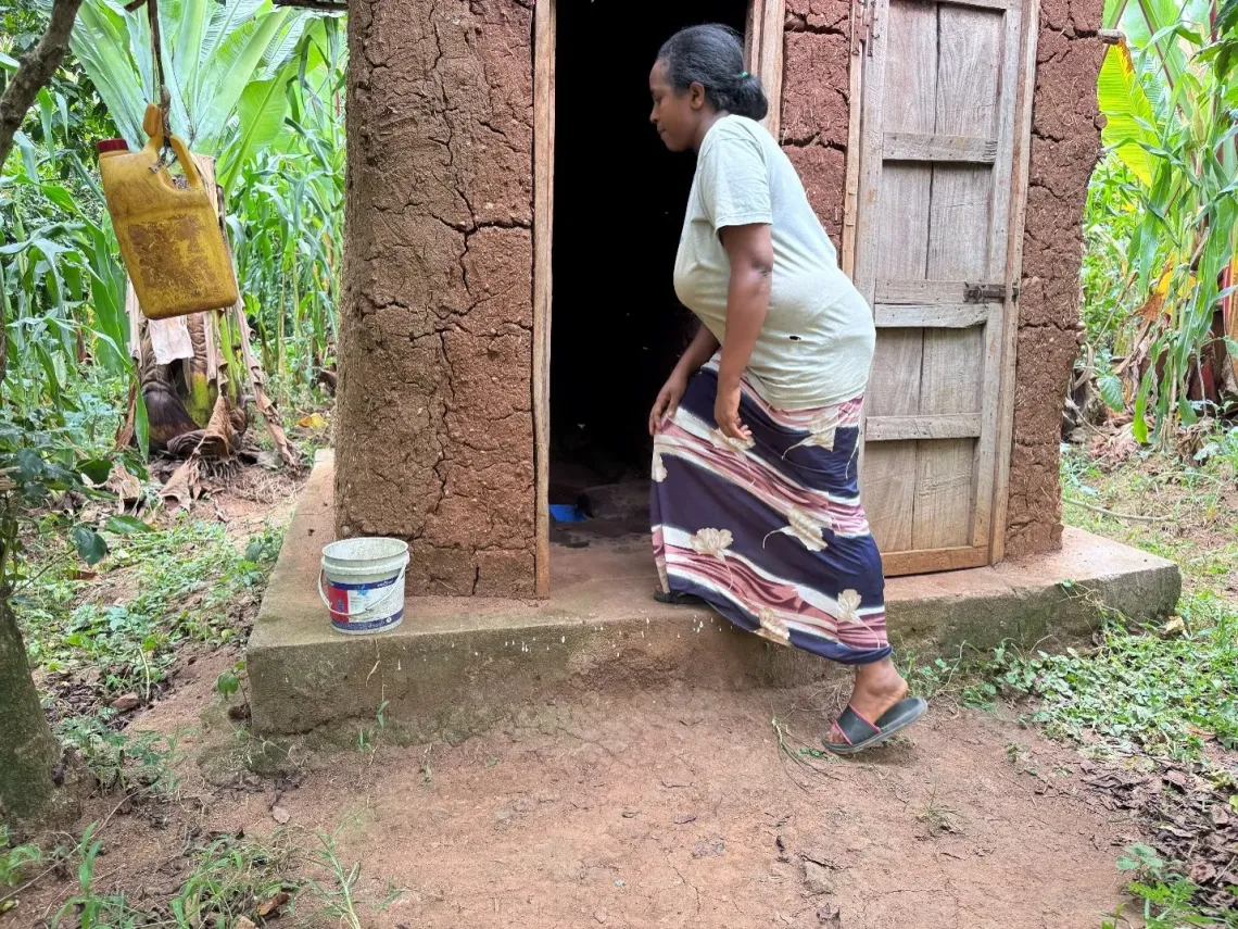 A women walking into her renovated toilet