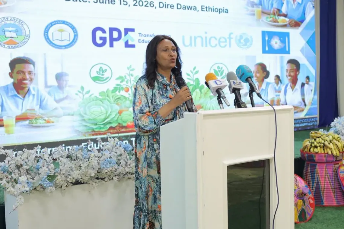 Her Excellency Mrs. Ayelech Eshete, State Minister of Education giving a speech at the event