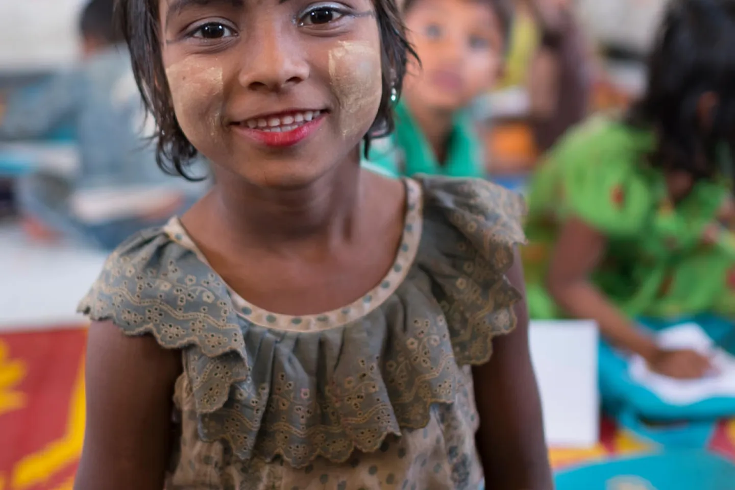Rohingya refugee Taslima, 6, attends a UNICEF learning centre in Balukhali makeshift settlement in Bangladesh.