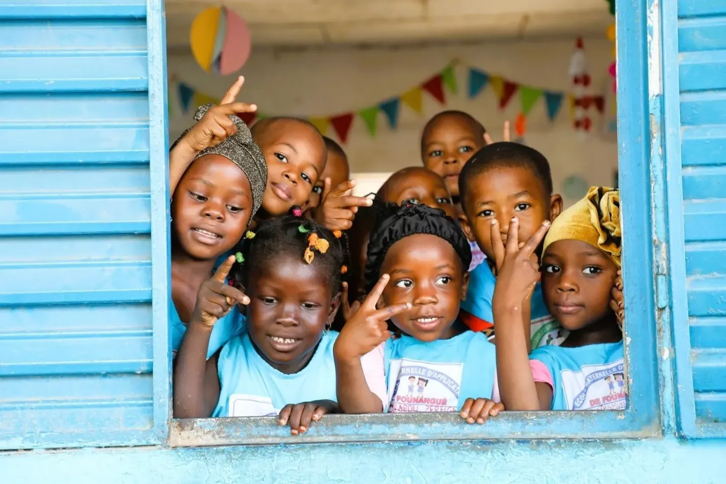 Children at the &Eacute;cole Maternelle d'Application de Founangu&eacute; celebrate after polio vaccination during SNIDs in Cameroon.