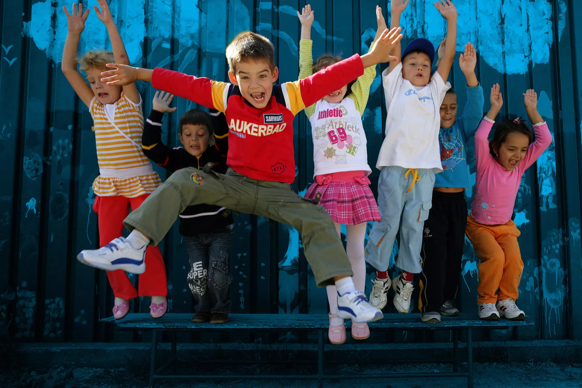 In Romania, children jump in a playground in Bucharest, the capital.