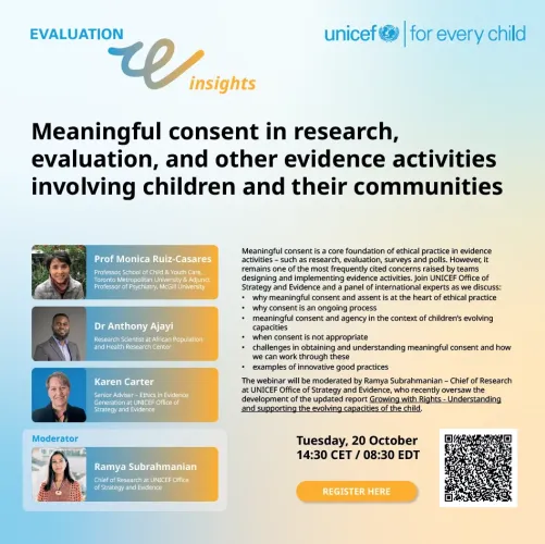 Webinar flyer: Meaningful consent in research and evaluation involving children and their communities, with speakers and QR registration code.