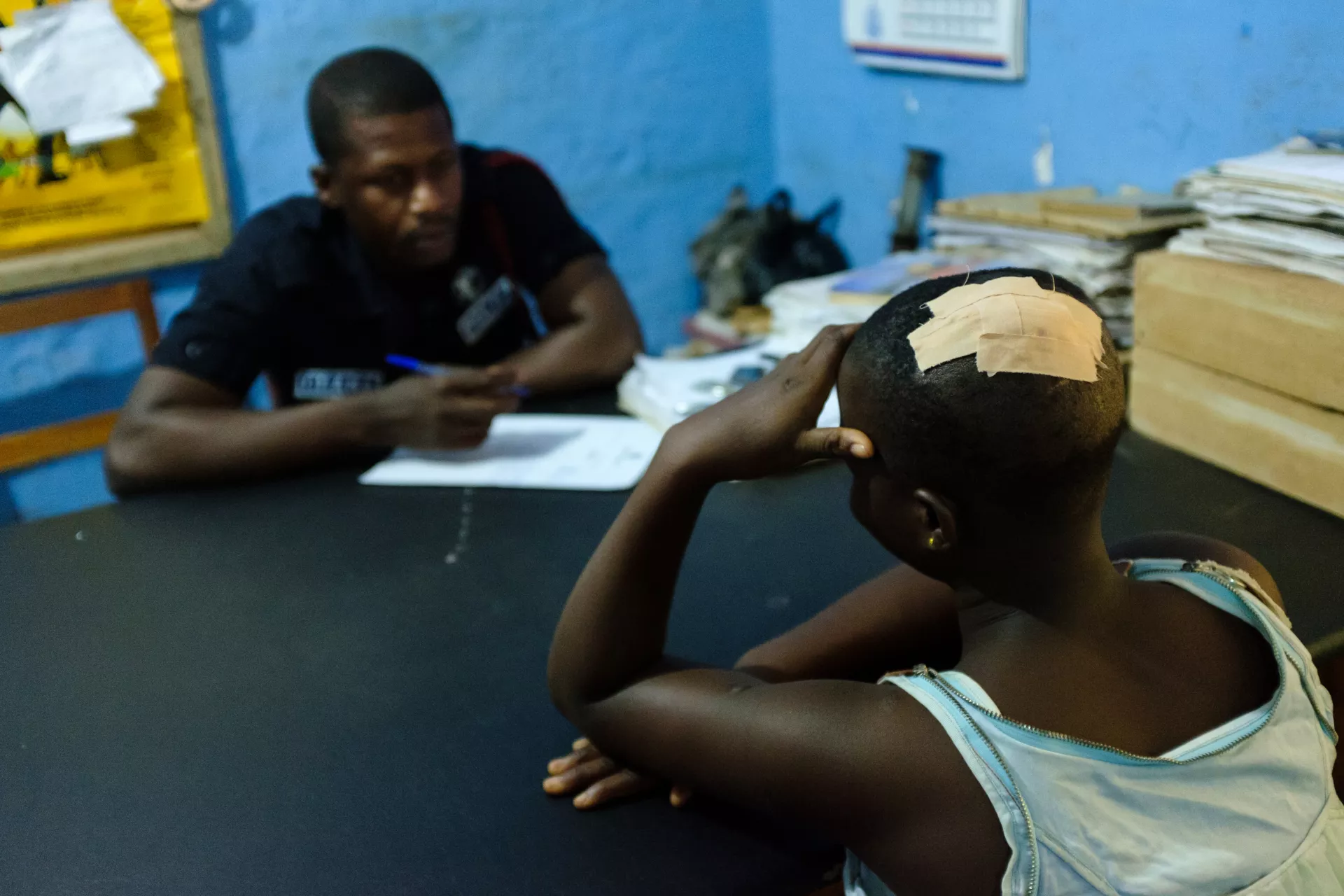 A victim of abuse being interviewed by police