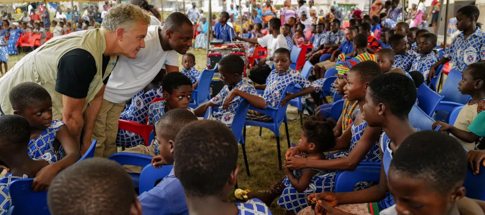 UNICEF Representative, Andy  interacted with community members during a mass birth registration and sensitization exercise at the Bepoase Presby Primary School, Eastern Region