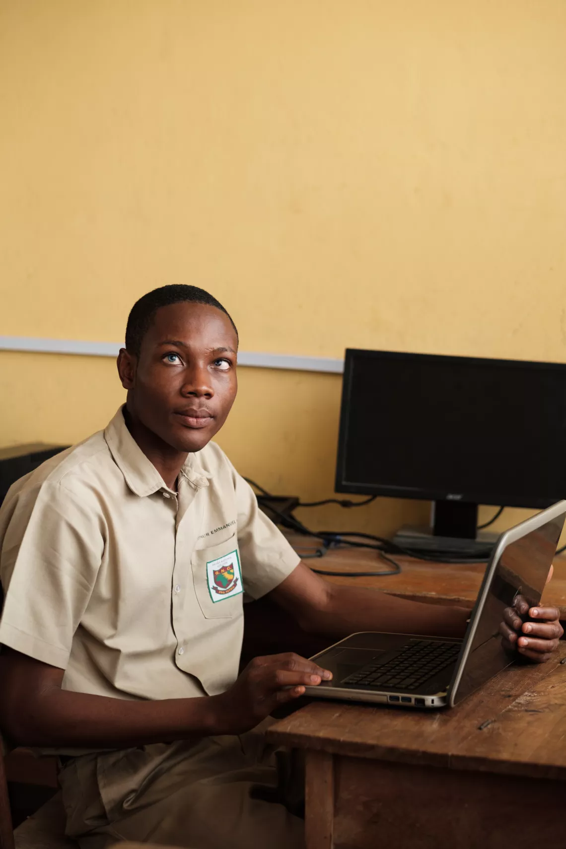 Boy with impaired sight smiling