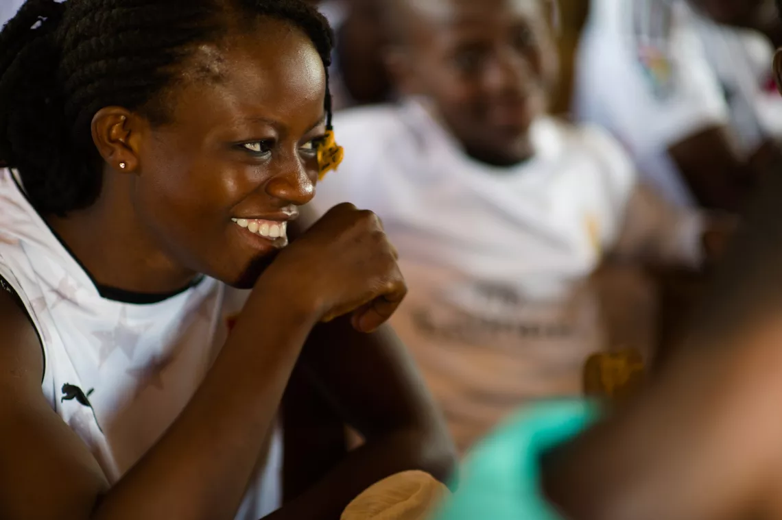 Ubeida Yakubu Dud, a student at Humanist International School in Widana in the Upper East Region listens during a talk on sex and teenage pregnancy on 24 July 2015. Aged 14, she has a one year-old child.
