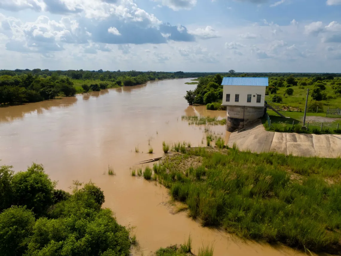 At the intake, raw water is abstracted from the Black Volta and moved toward the Jambusi Water Treatment Plant. 