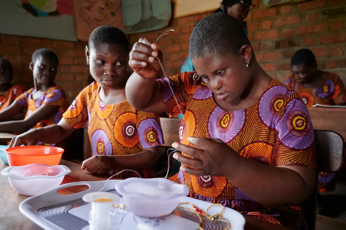 Children with IDD attend a handicraft workshop at Garden City Special School in the Asokore Mampong Municipality, Ashanti Region, Ghana, West Africa.