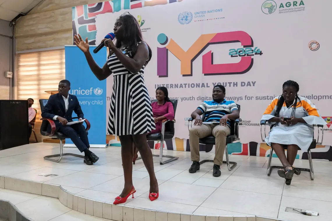UNICEF Adolescent Development and Youth Participation Officer, Grace Akua Gyan-Darkwa, moderates a break-out-session during the Intenational Youth Day 2024 event at the Pentecost Convention Centre in Gomoa Fetteh