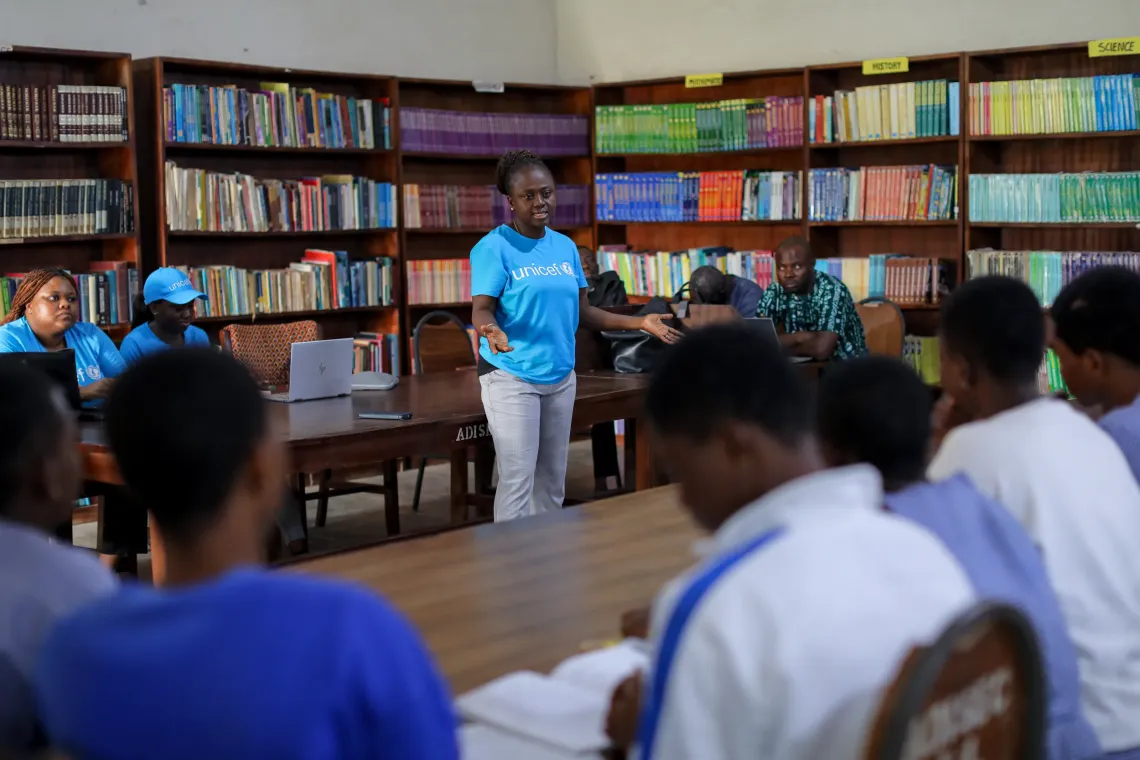 Rhoda Enchil, an education officer, UNICEF Ghana, makes a remark during a consultation session with adolescent students at the Adidome Senior High School, Volta Region,