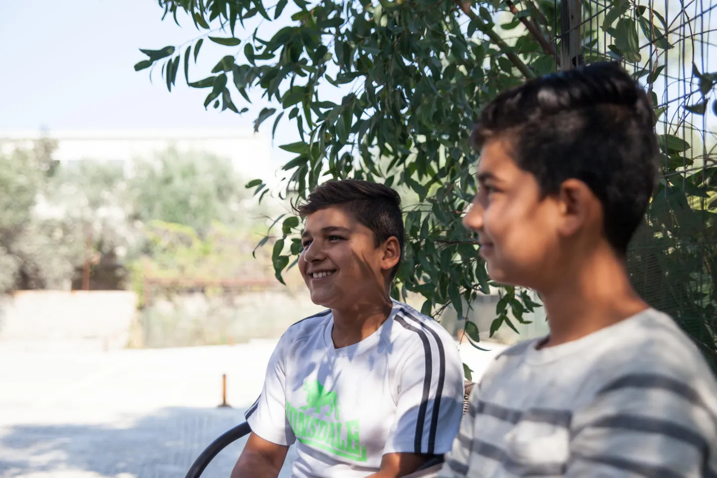 Two teenage boys sitting together under the shade of a tree