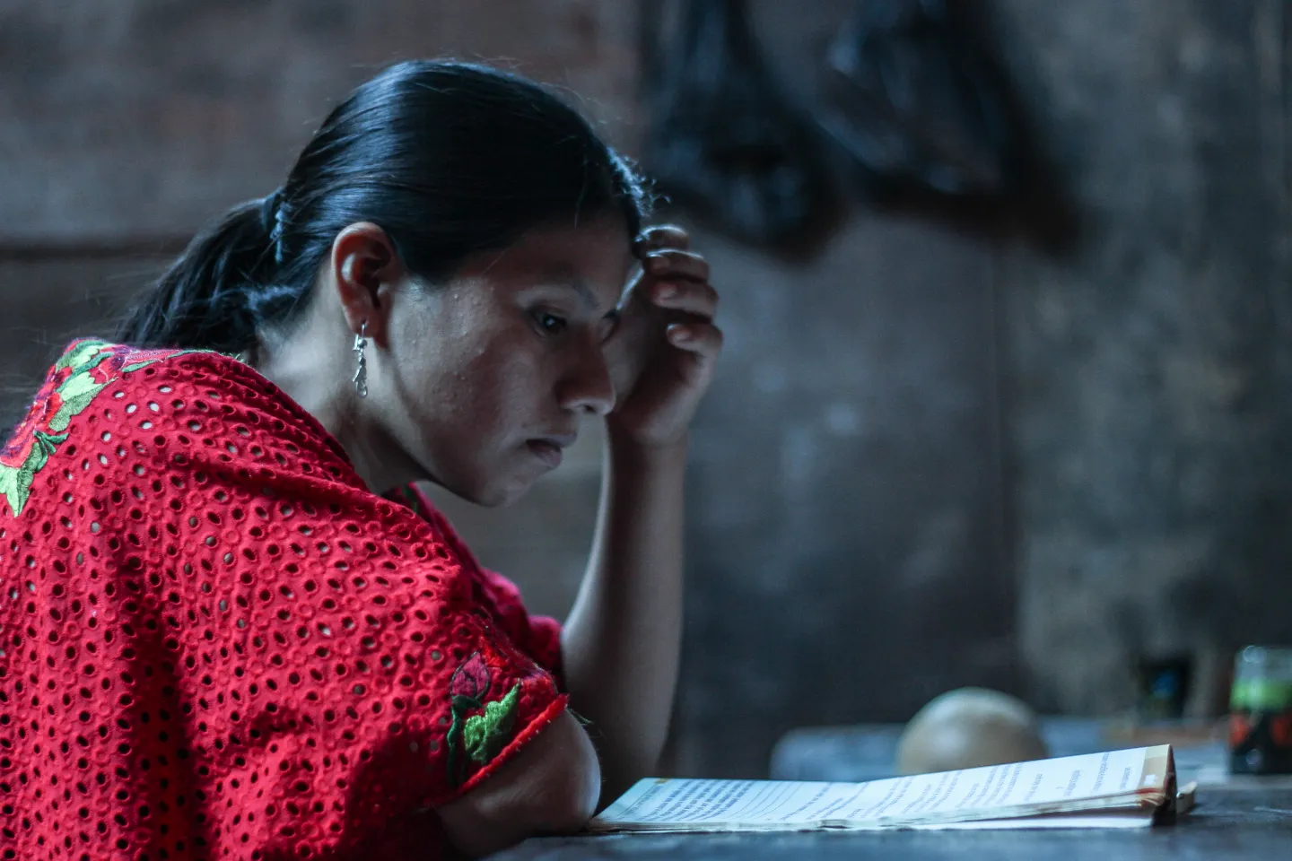 Mirna Ixcanil de 24 a&ntilde;os estudiando en su hogar