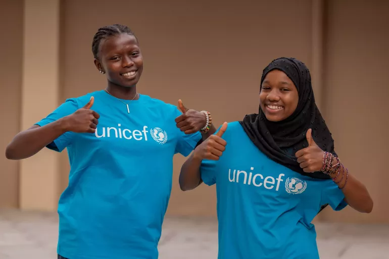 Hawa Jude, 18, Youth Advocate for Girls' Education, and Mariama, 15, Youth Advocate for Children's Rights 