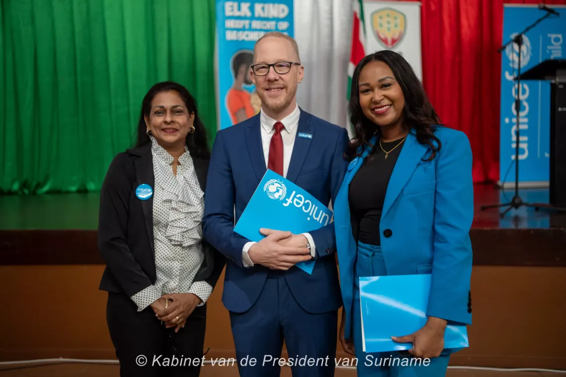 UNICEF Representative (a.i) Guyana and Suriname Gabriel Vockel, Child Protection Officer Shashikala Hanoeman and Communications Officer Mahogany Neede at launch of the Ombud's Institute