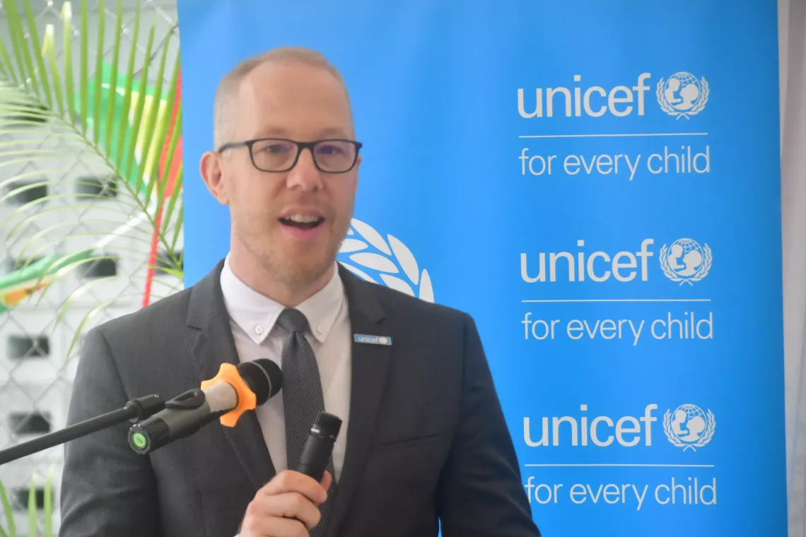 UNICEF Representative  ai Gabriel Vockel delivers remarks at the opening of the Children's Court at Charity