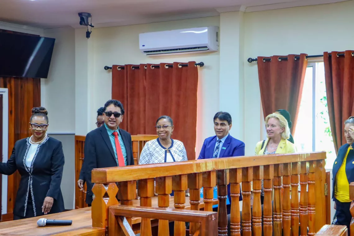UNICEF Deputy Representative, Irfan Akhtar,  Minister of Legal Affairs, Hon. Anil Nandalall,Chancellor of the Judiciary (ag), Justice Yonette Cummings-Edwards, Chief Justice Roxanne George in a courtroom at the Vigilance Magistrate's Court