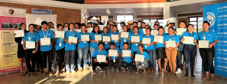 Participants at the Youth Climate Change Forum in Lethem pose with certificate of participation at the end of the three-day workshop