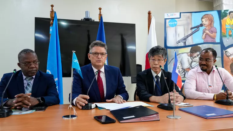 Ceremony for the signing of the financing protocol for the reconstruction of schools in the South of Haiti between UNICEF and the Embassy of Japan in Haiti.