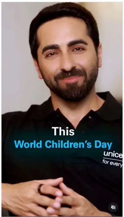 Ayushmann Khurrana in a black UNICEF polo shirt smiling warmly at the camera with the text overlay "This World Children's Day."