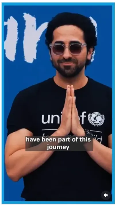 Ayushmann Khurrana in a black UNICEF t-shirt and sunglasses making a Namaste gesture against a blue UNICEF backdrop, with the subtitle "have been part of this journey."