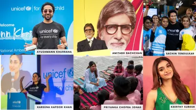 A collage of six UNICEF India Ambassadors and Advocates &mdash; Ayushmann Khurrana, Amitabh Bachchan, Sachin Tendulkar, Kareena Kapoor Khan, Priyanka Chopra Jonas, and Keerthy Suresh &mdash; each shown at UNICEF events or in official portraits.