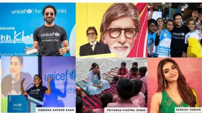 A collage of six UNICEF India Ambassadors and Advocates &mdash; Ayushmann Khurrana, Amitabh Bachchan, Sachin Tendulkar, Kareena Kapoor Khan, Priyanka Chopra Jonas, and Keerthy Suresh &mdash; each shown at UNICEF events or in official portraits.