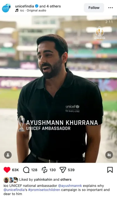 Ayushmann Khurrana, identified as UNICEF Ambassador, speaking at a cricket stadium during the ICC Women's Cricket World Cup 2025.