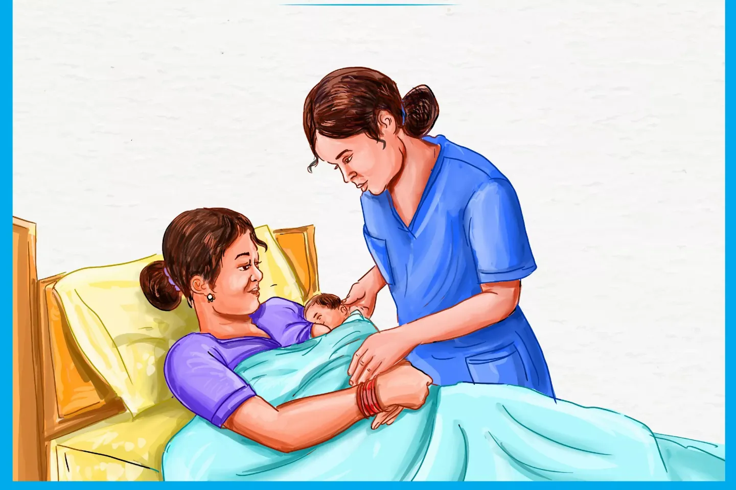 Nurse is guiding a mother on proper baby latching for breastfeeding.