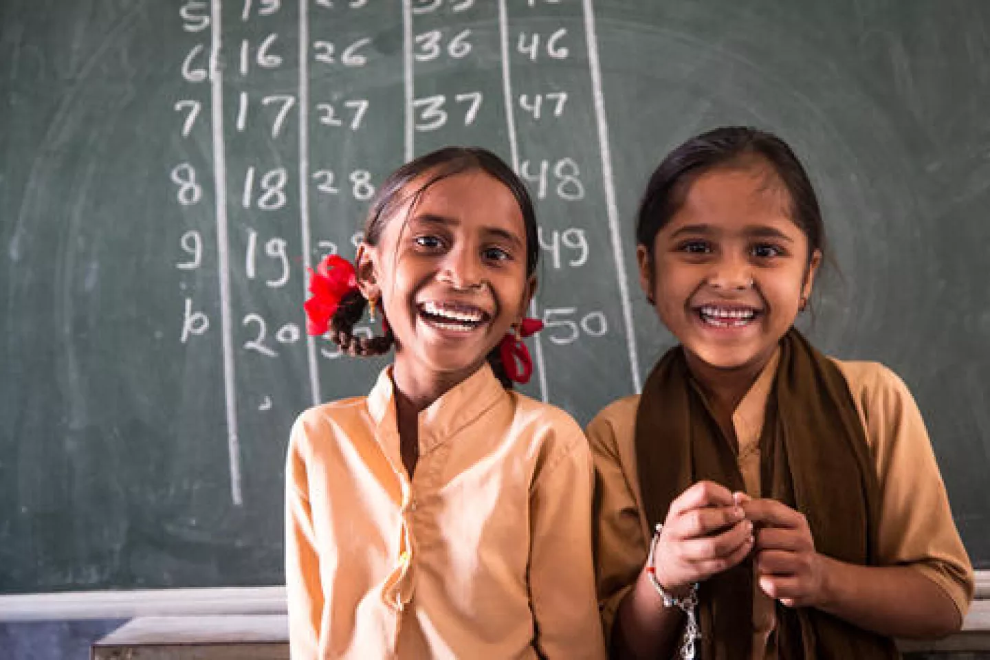 7 year old Laxmi (left) with her best friend and classmate Swapna (right), at Government Secondary School in Chitri Block, Dungarpur District, Rajhastan. They love coming to school as they get to spend time with one another.