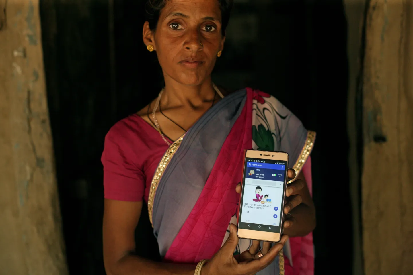 Shanta Meena is equipped with a Smart phone to record the data for ICT &ndash; Real time monitoring to achieve the target set under the Poshan Abhiyaan.
