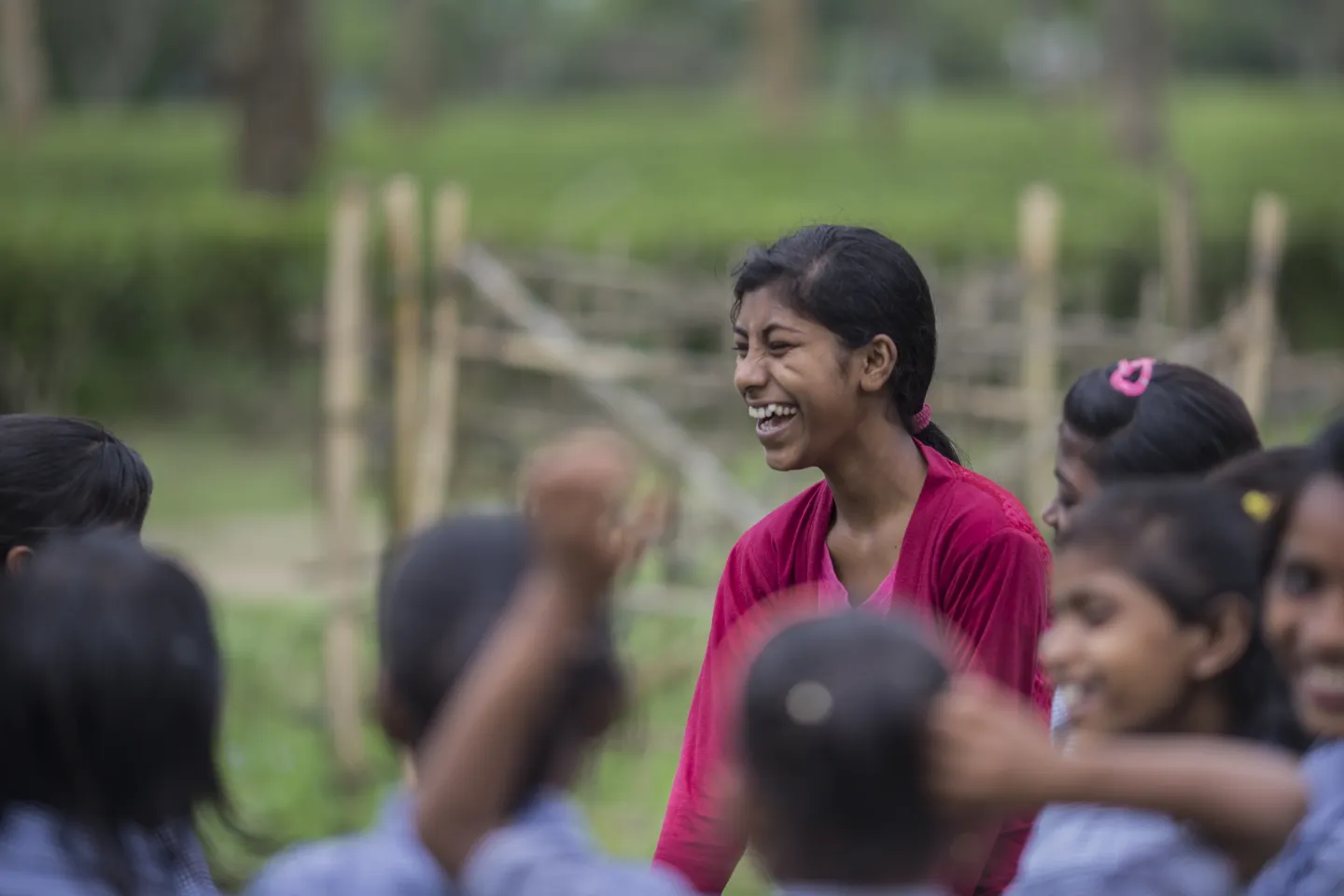 Lipika Morah with children during her storytelling session at Govindapur Moraline Primary School, Bandarchalia Tea Garden in Jorhat, Assam.