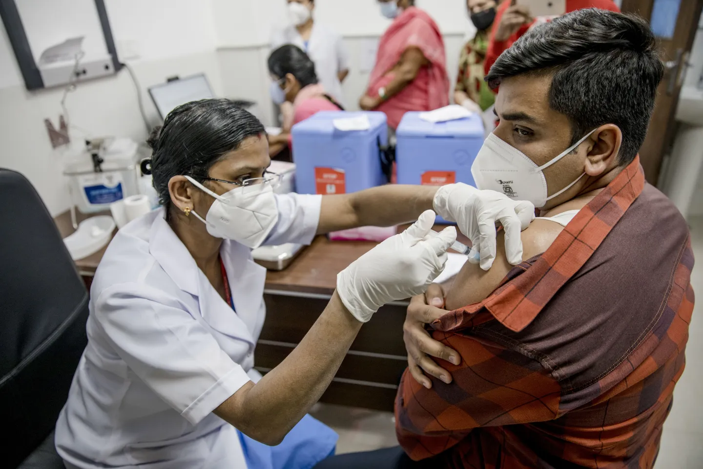 30y old Rahul Kadyan recives his covid 19 vaccine at All India Institute Of Medical Sciences during the COVID 19 vaccine drive in New Delhi, Delhi. 
