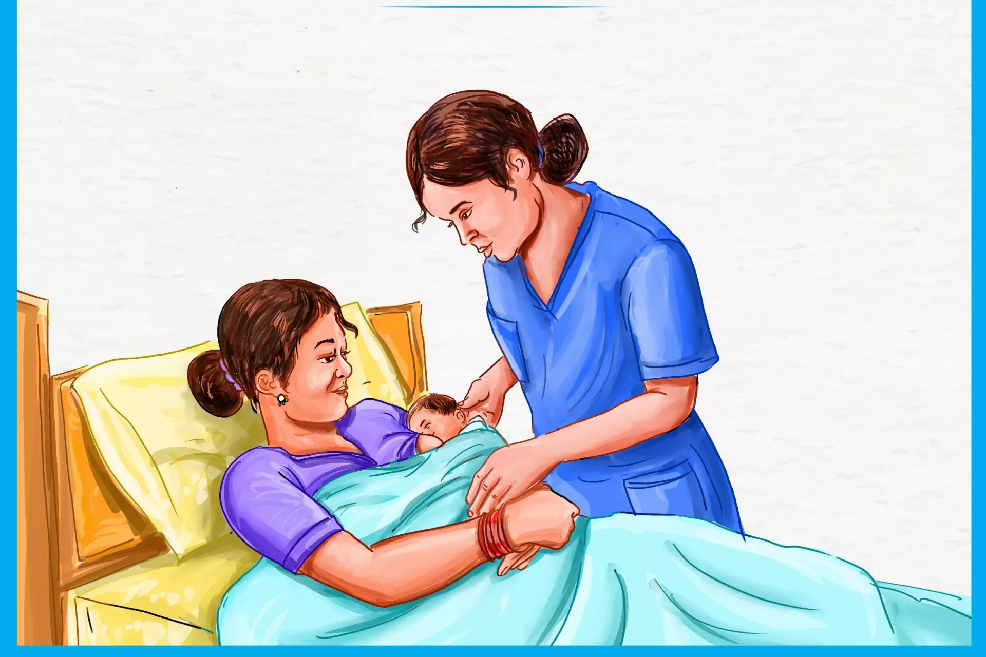 Nurse is guiding a mother on proper baby latching for breastfeeding.